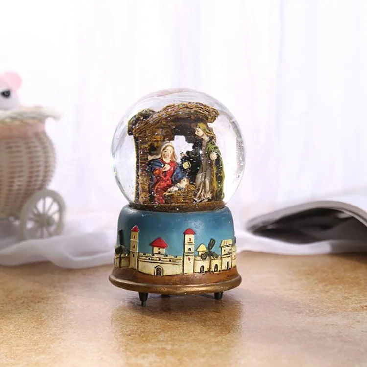 Custom wind up Music Box glass Dome Nativity Snow Globe with blowing snow