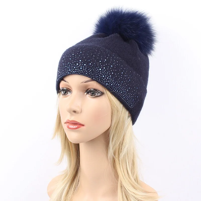 Fashion Knitted Rhinestones Beanie Hat For Women Soft Winter Bling Beanie Hat