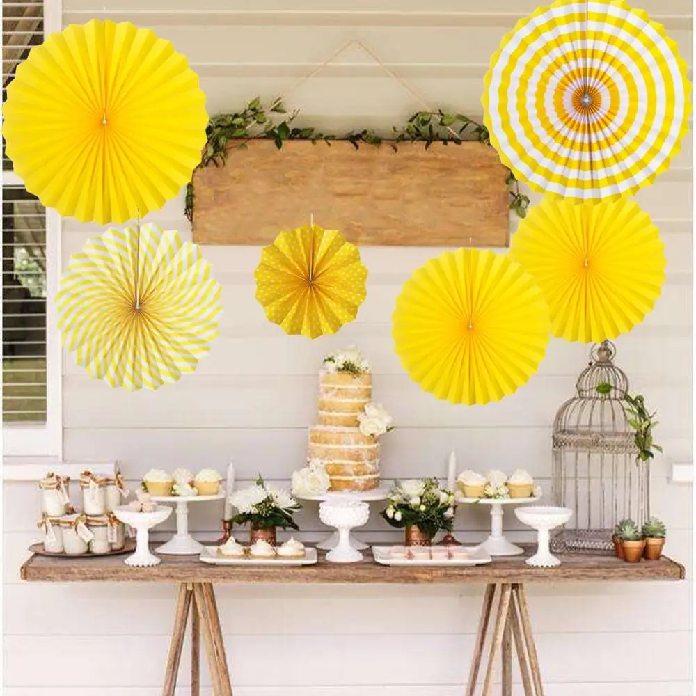 Party Hanging Paper Fans Set Yellow Round Pattern Paper Garlands Decoration for Birthday Wedding Graduation Events Accessories
