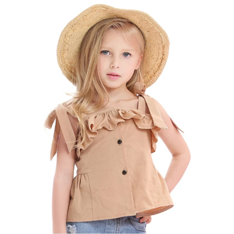 OEM Fashion beautiful girls ruffles buttons camisole new trened cotton blends fabric shirt wholesale t-shirts