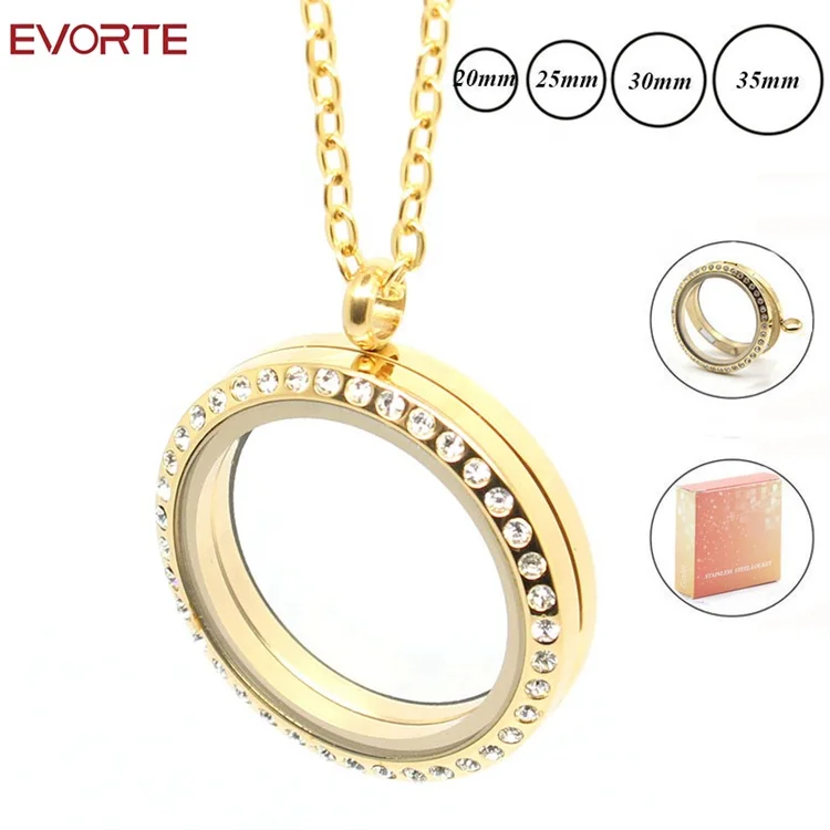 Fashion 20/25/30/35mm Glass Stainless Steel Necklace Crystal Magnetic Round Floating Locket Pendant