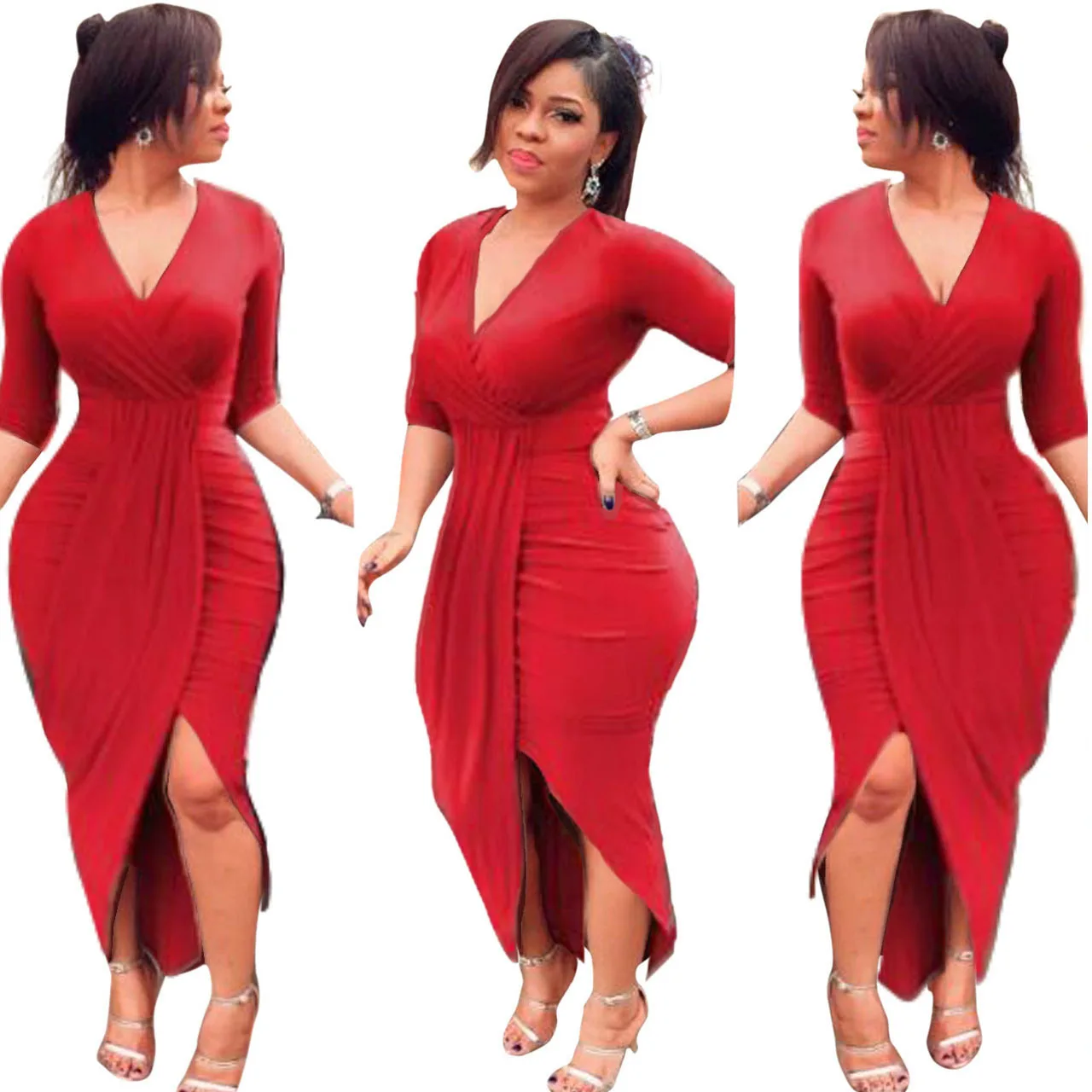 YQ29 Sexy V Neck Half Sleeves Asymmetrical Red Polyester Sheath Mid Calf Dress With Long Sleeve Maxi Dress