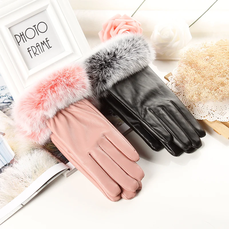 Cheap fur touch screen warm pu synthetic leather ladies hand gloves