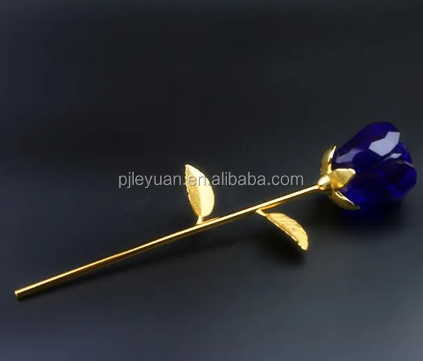 Hot sale blue glass crystal rose flower with vases for wedding decoration or souvenirs