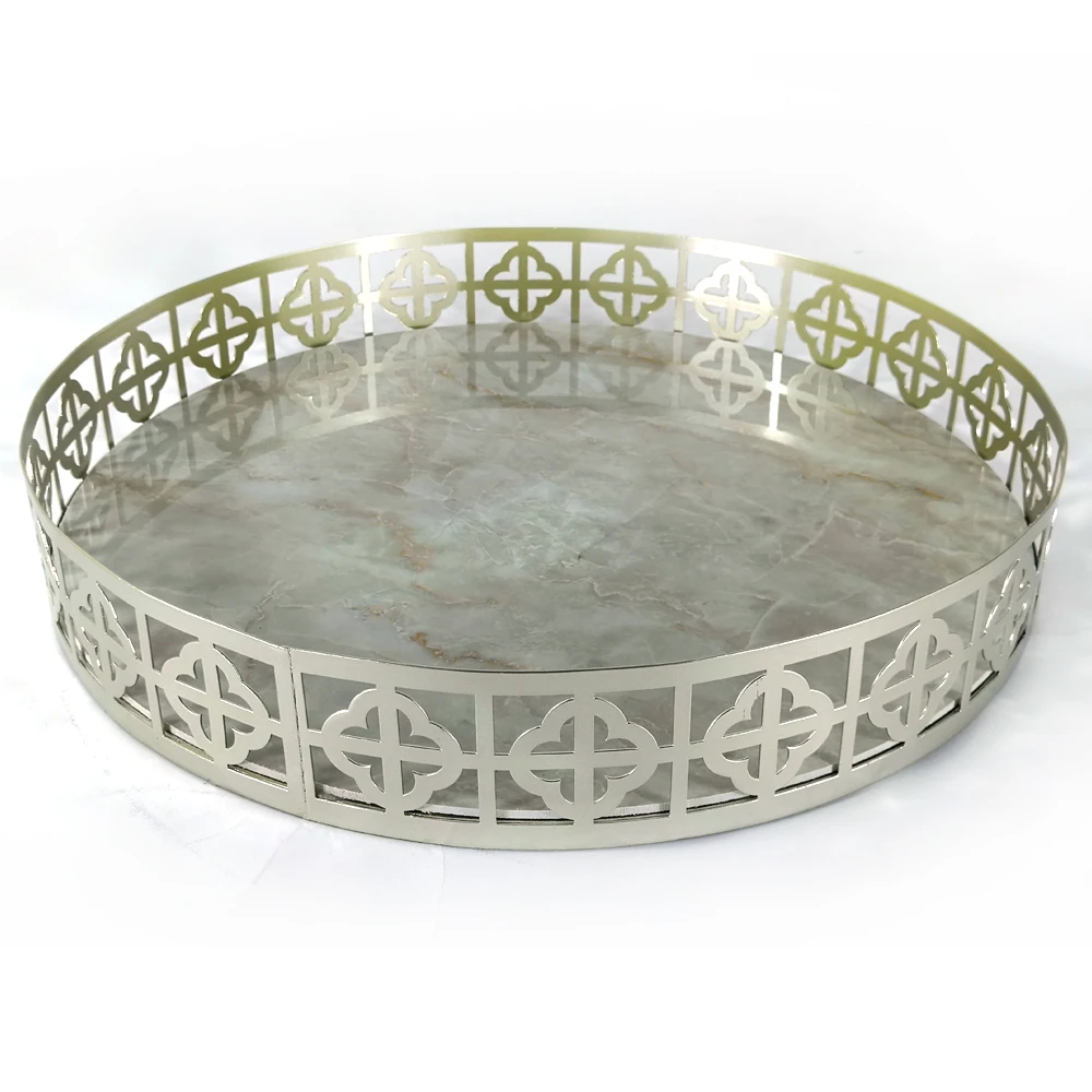 100% handmade round artificial gold marble metal serving tray for home decor and hotel
