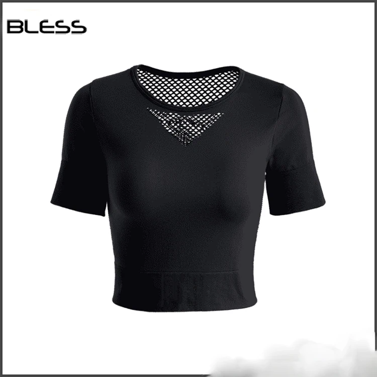 Women Black Fitness Sexy Seamless Gym T Shirt Outdoor Sports T Shirts With Mesh Back