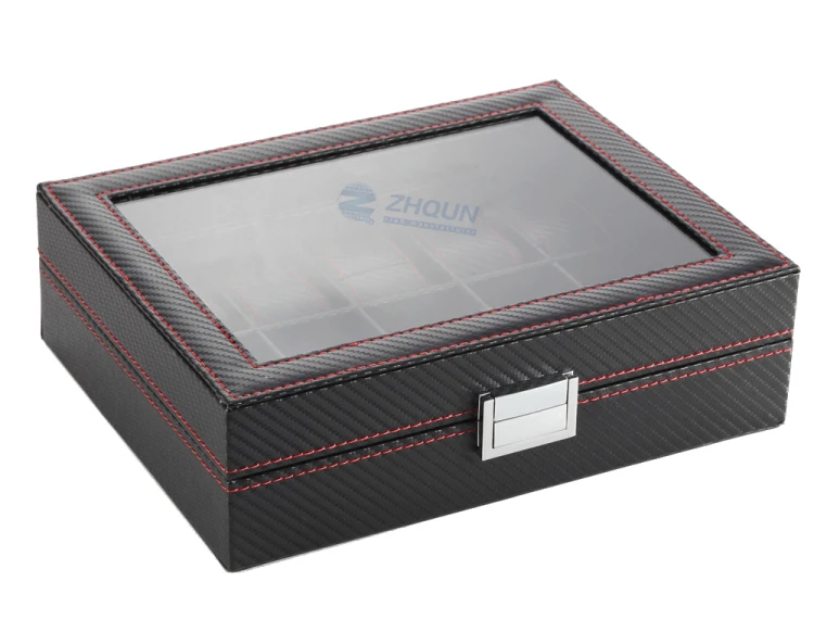 10 Slot Fashion Men Leather Carbon Fiber Luxury Black Pu Wrist Watch Organizer Display Storage Box