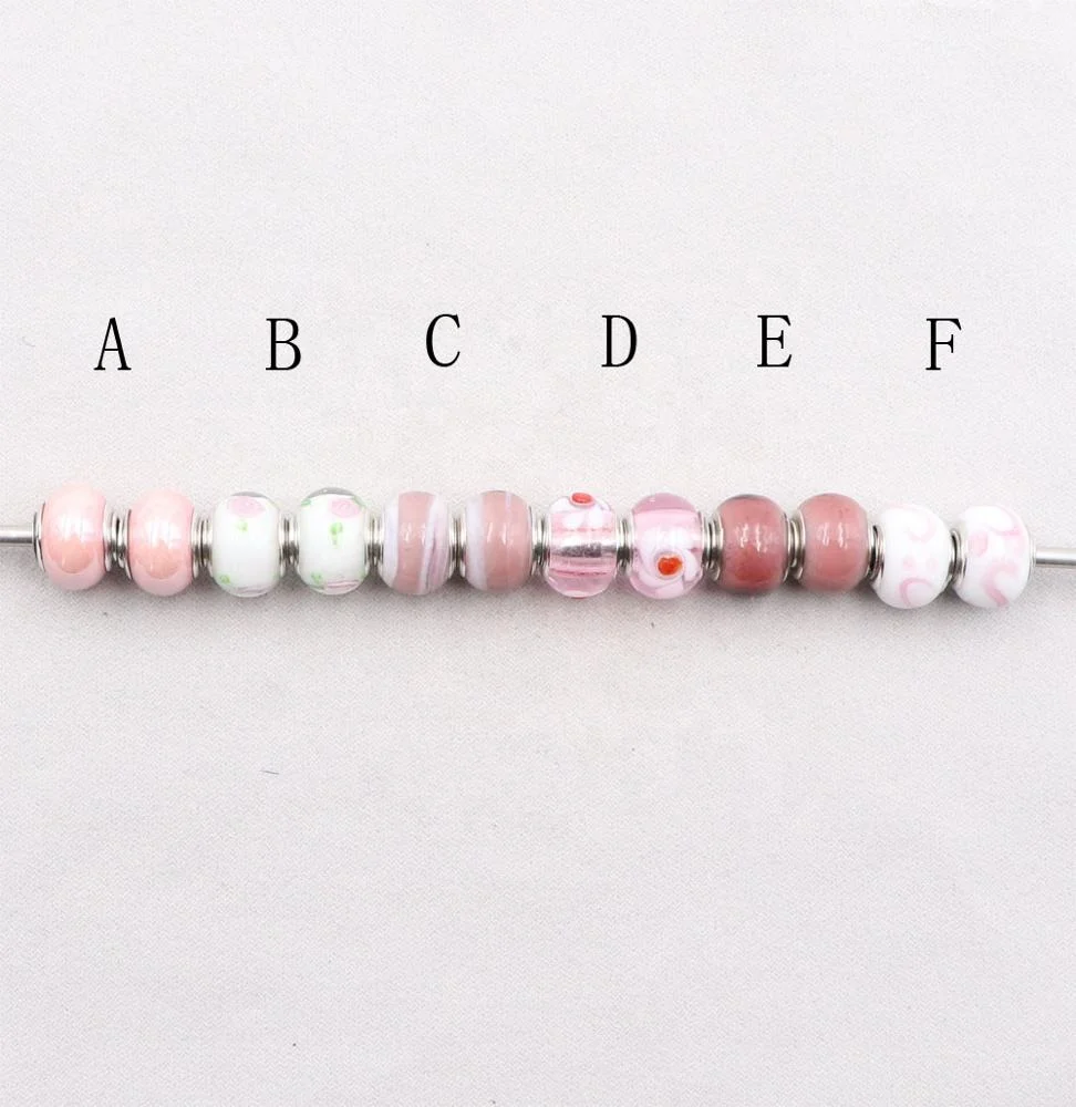 Wholesale Cheap Handmade Murano Lampwork Glass Pink big hole spacer beads  with Silver Plated Metal Core