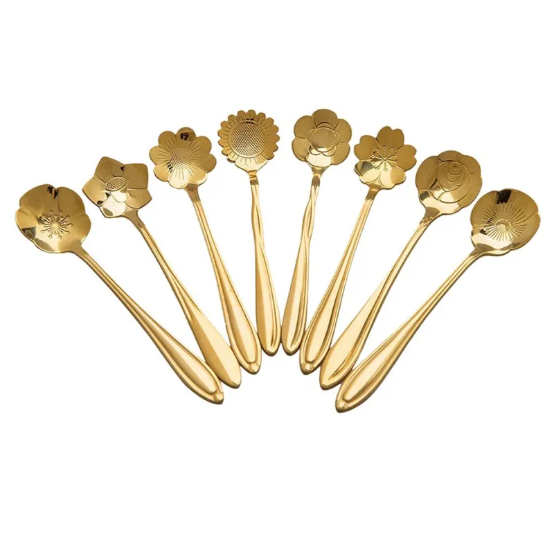 
Lovely Flower Pattern Spoon Stainless Steel Gold Plated Coffee Spoons 