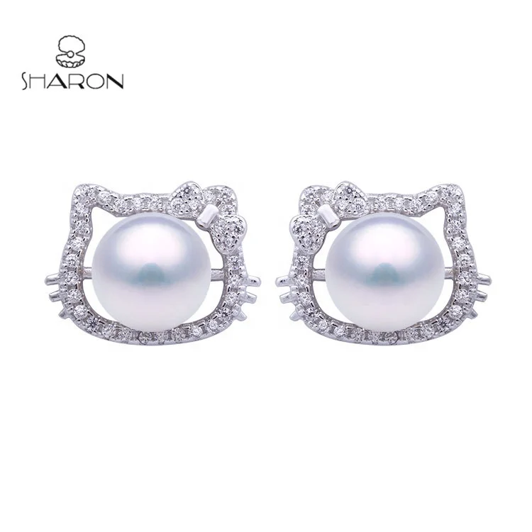 2020 Wholesale Latest Design Girl Jewelry Hello Kitty 925 Sterling Silver Cute Cat Pearl Stud Earrings