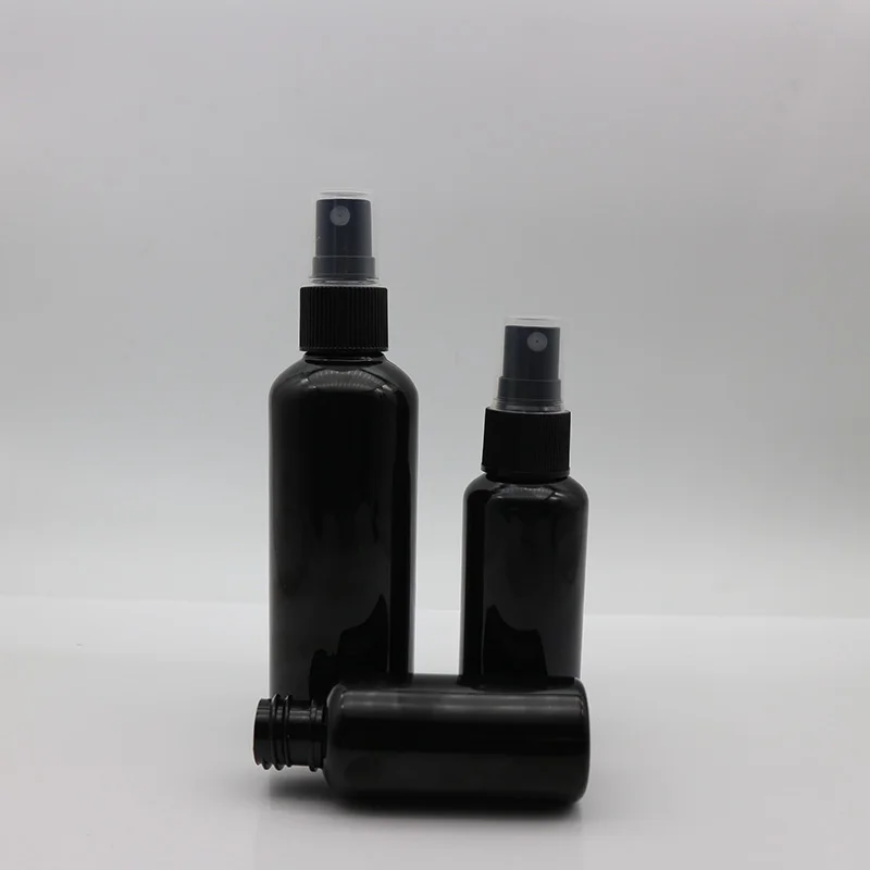 30ml 100ml 150ml cosmetic round shape shiny black PET plastic spray bottle