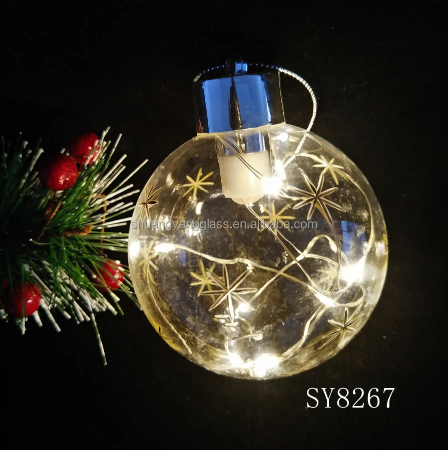 Рождественское световое украшение 80 мм рисовый цветок узор прозрачный СВЕТОДИОДНЫЙ теплый желтый свет Дутое Стекло Рождественский подвесной шар