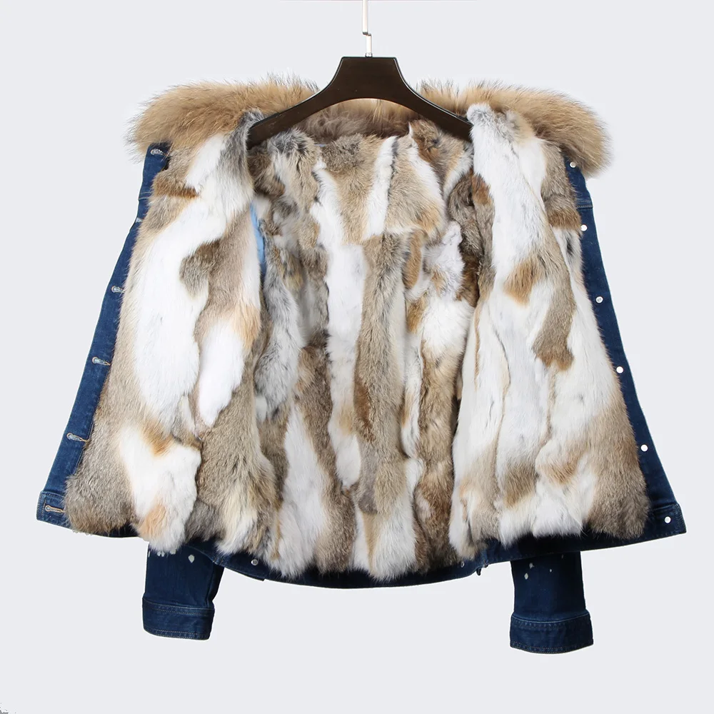 Raccoon fur collar coat and rex rabbit fur lining removable hooded denim jean jacket woman parka