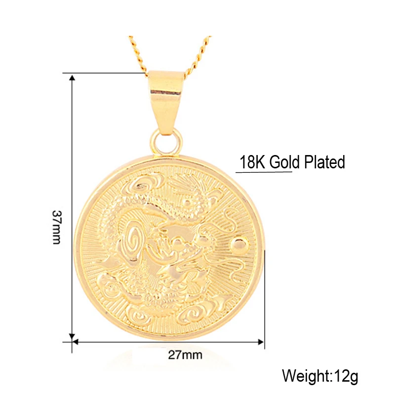 New Design High Quality 18K Gold Plated China Dragon Round Necklace Pendant For Men