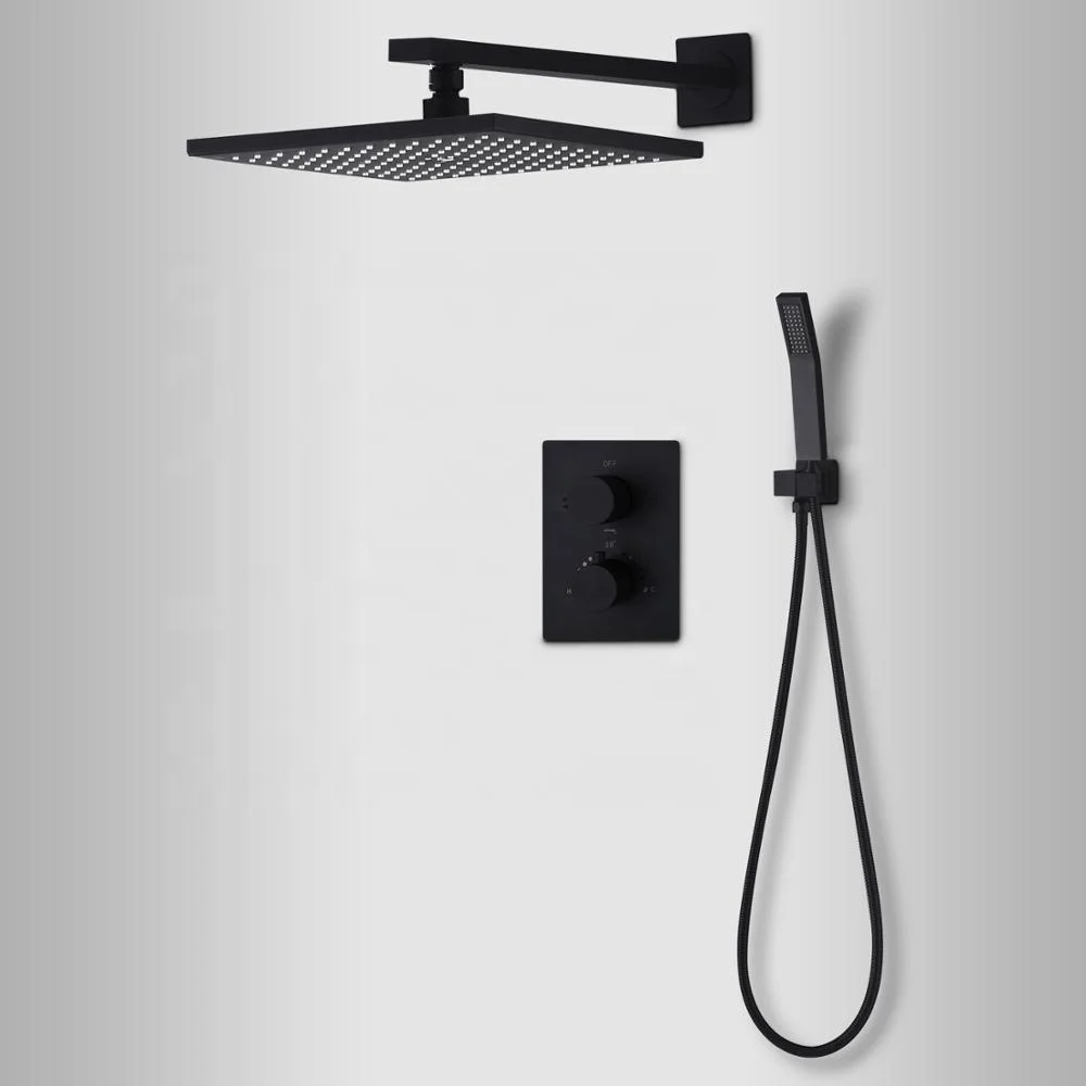 
Bathroom 10 Inch Wall Mounted Thermostatic Rainfall Head Faucet Black Shower Set 