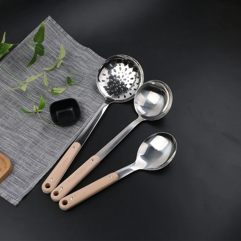 Juego De Utensilios De Cocina Cooking Tool Wooden Handle Ladle Stainless Steel Kitchen Utensil Set