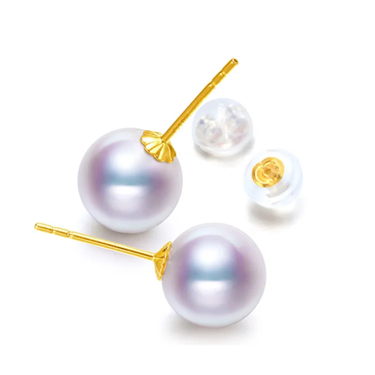 6.5-8.5mm AAAA Grade Natural White Real Genuine Natural Sea Water Japanese Akoya Round 18K Yellow Gold Pearl Stud Earrings