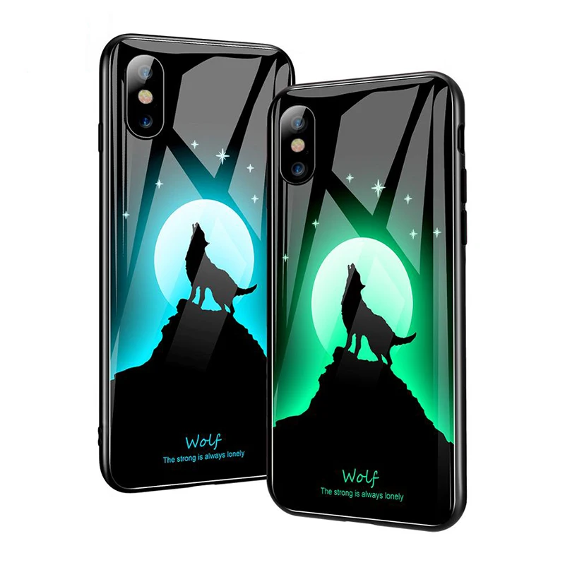 Luminous Night Light Tempered Glass Back Cover Soft TPU Edge Glow in the Dark Phone Case for Mobile Phone