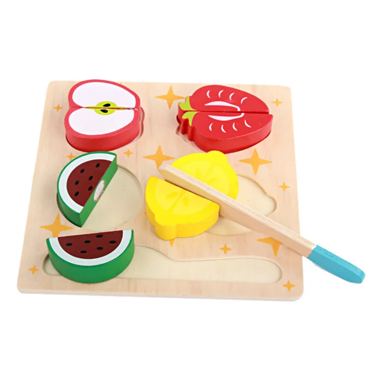 
educational kids pretend play set simulation food toy wooden cutting fruits puzzle 