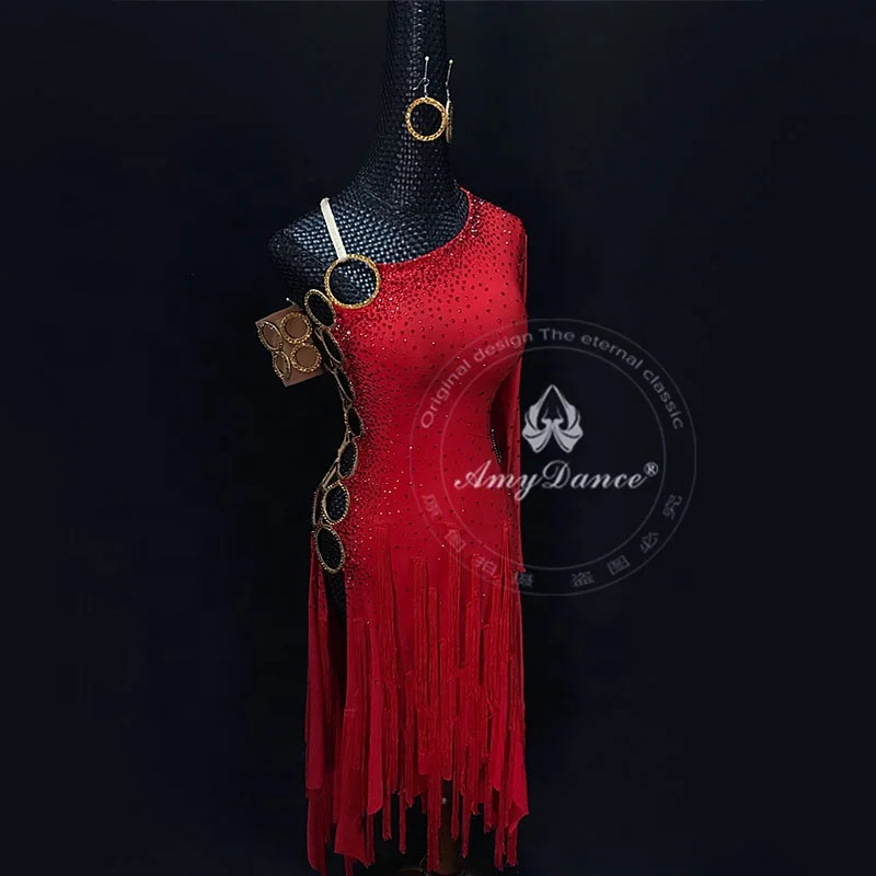 
Sexy one shoulders dew waist split rhinestones girls latin dance dresses competition red latin dance costume 