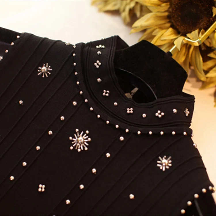 Custom Elegant Lady Sleeveless Beading Bandage O-neck Solid Color Sexy Club Mini Black Dress Women Evening Party Dress