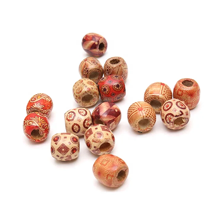 DIY Jewelry Accessories Fashion Printed Flower Large Hole Wood Beads Handmade Wooden Beads