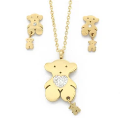Fashionable Bear Shaped Stainless Steel Artificial Gold Crystal Rhinestone Necklace Set