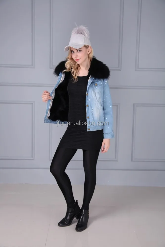 Ladies Fur Lining Jacket for Winter Warm Jeans Parka Coats With Fur Hoods Collars