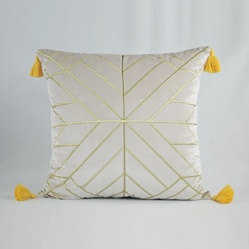 Large 60 x 60 Luxury Designer Geometric Gold Tassel Fringe Velvet Cushion Cover