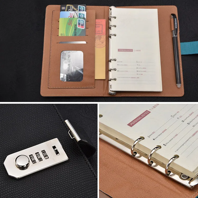 hight quality PU leather business diary notebook with lock loose-leaf pockets notebook with code lock gift box