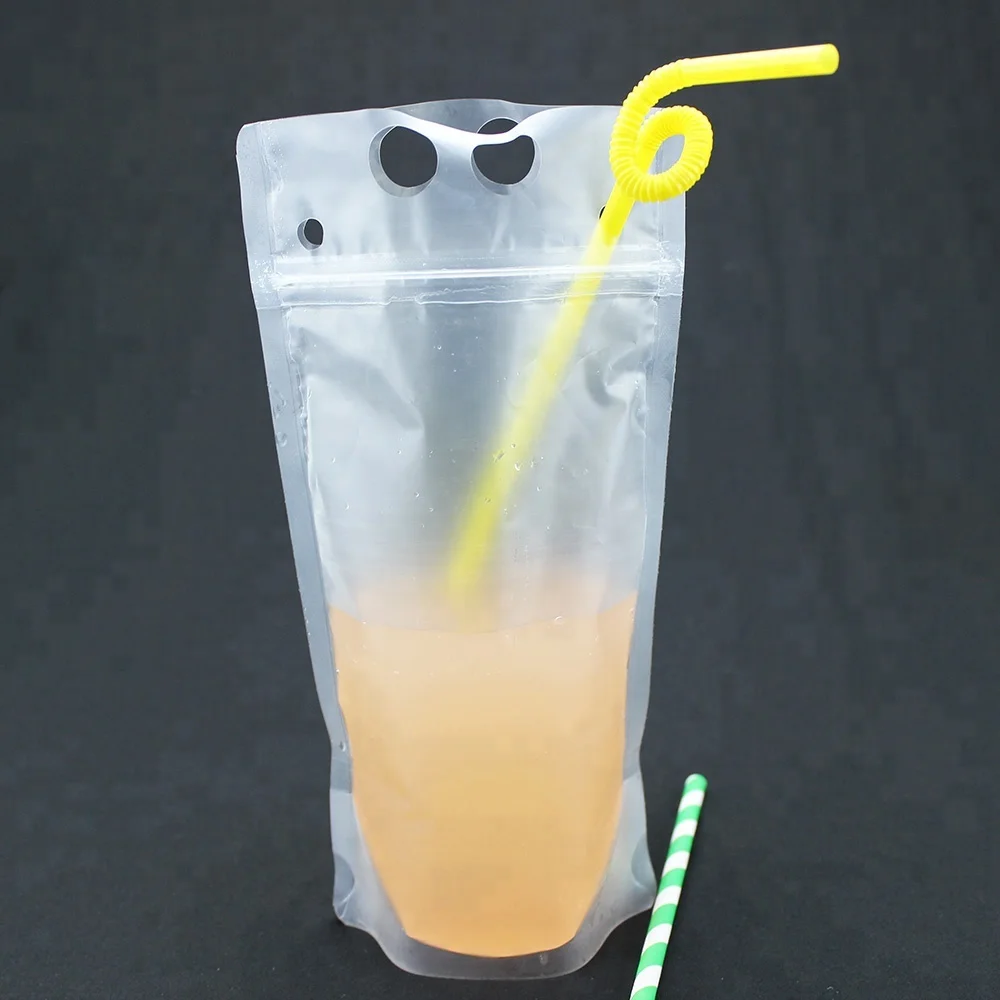 Customized Reusable Clear Ziplock Liquid Drinking Beverage Bag With Plastic Straw Stand Up Reclosable Zipper Clear Drink Pouches