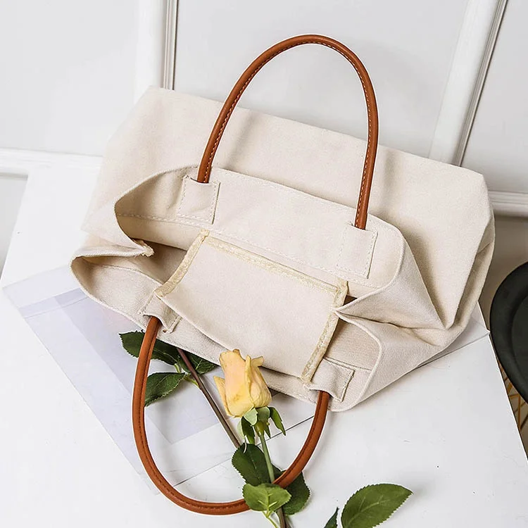 Heavy Duty Blank Women Shoulder Tote Beach Bag Canvas With Leather Handle