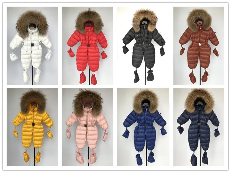 
Winter Children Warm Baby Coveralls Down Coat Duck Down Padded Coat Wholesale Baby Hooded Down Coat With Big Raccoon Fur Collar 