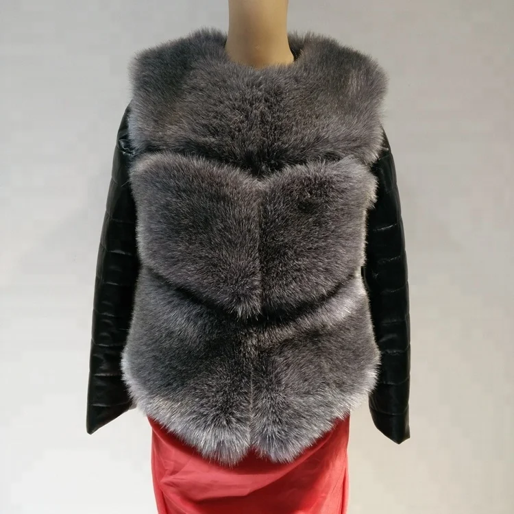 
Sexy girl short warm rabbit fur coat with PU sleeves 