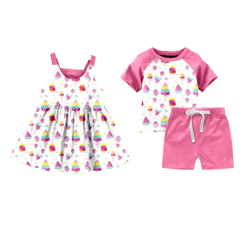 New design girl dress and boy outfit match set ice cream print kids clothing set