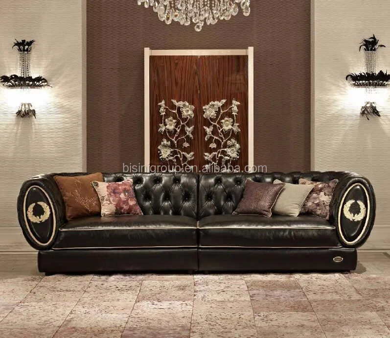 Special Design Italian Style Clic Genuine Leather Tufted Four Seater Couch Luxury Imperial Black Sofa Set Bf11 01224f