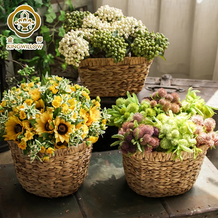 Handmade water hyacinth flower pot flower basket with handle