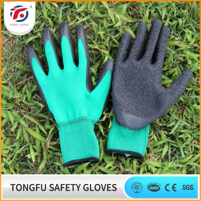 black&green latex coated crinkle finished gloves