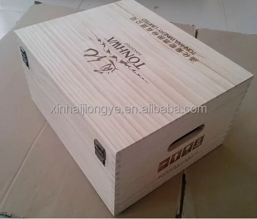 Customized Stain Color Hinged Lid 6 Bottle Wooden Wine Box With Handle