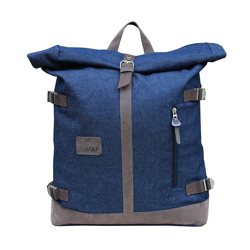 Custom durable lightweight top rolling down urban jean denim backpack bag for men and women