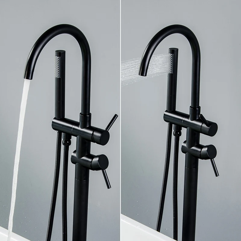 FLG Luxury Bath floor mounted style Black Floor Standing Bathroom Bathtub Faucet