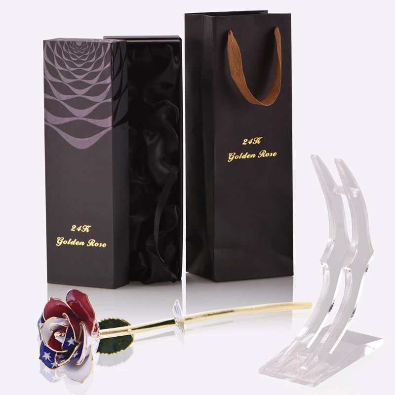 New Products Real Gold Rose Flower Plated  Everlasting American Flag 24K Gold Foil Rose With Crescent Base And Brown Gift Box