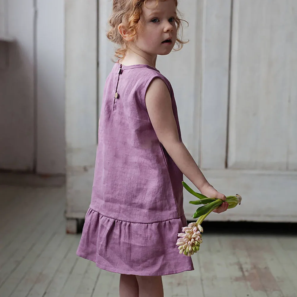 
INS popular wholesale children clothing teenage girl dresses in 100% linen fabric made in china 