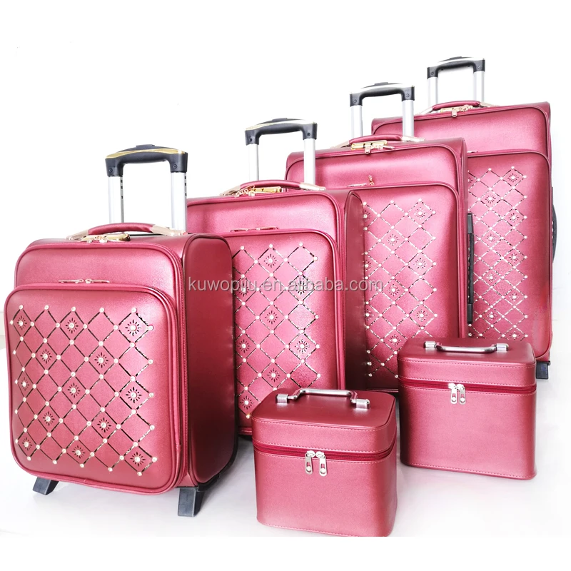 bright white color diamend cosmetic case 2 wheels pu leather suitcase set spinner wheeled luggage set 6 pieces