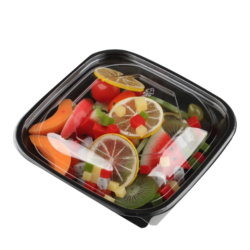 Индивидуальная сухая пластиковая упаковка RPET/PET одноразовая упаковка для салата 750 г квадратная черная коробка для фруктов