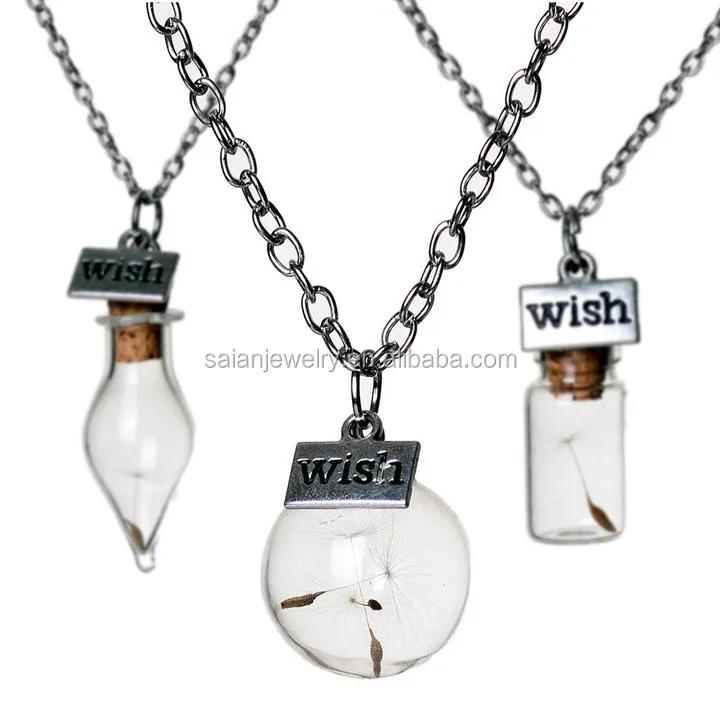 Natural dandelion seed glass bottle necklace long necklace Make A Wish Glass Bead Pendant