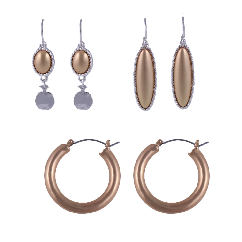 New arrival 3 pairs Alloy earring set with beaded texture and matte finish hoop for women