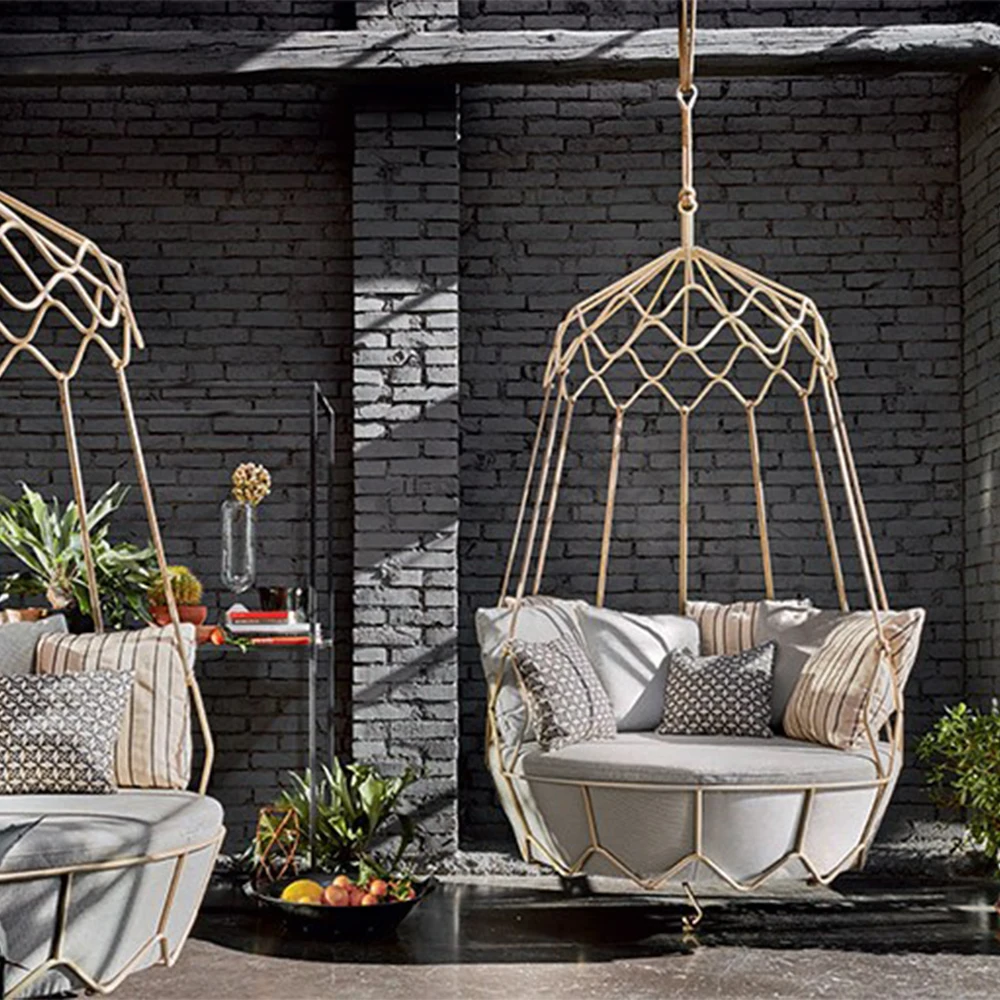 Плетеное подвесное кресло-качели из ротанга для внутреннего дворика и улицы с металлической подставкой