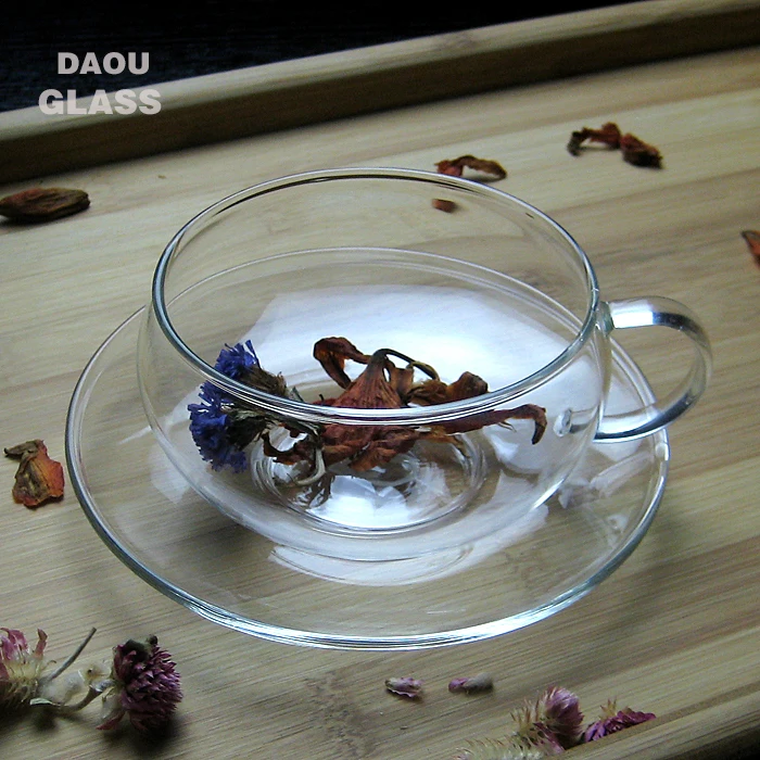 
heat resistant pyrex glass tea cups & saucers ,logo coffee cups set 