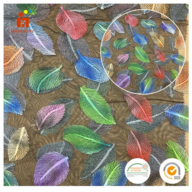 Popular colorful leaves plain embroidery african lace fabric skull for garment